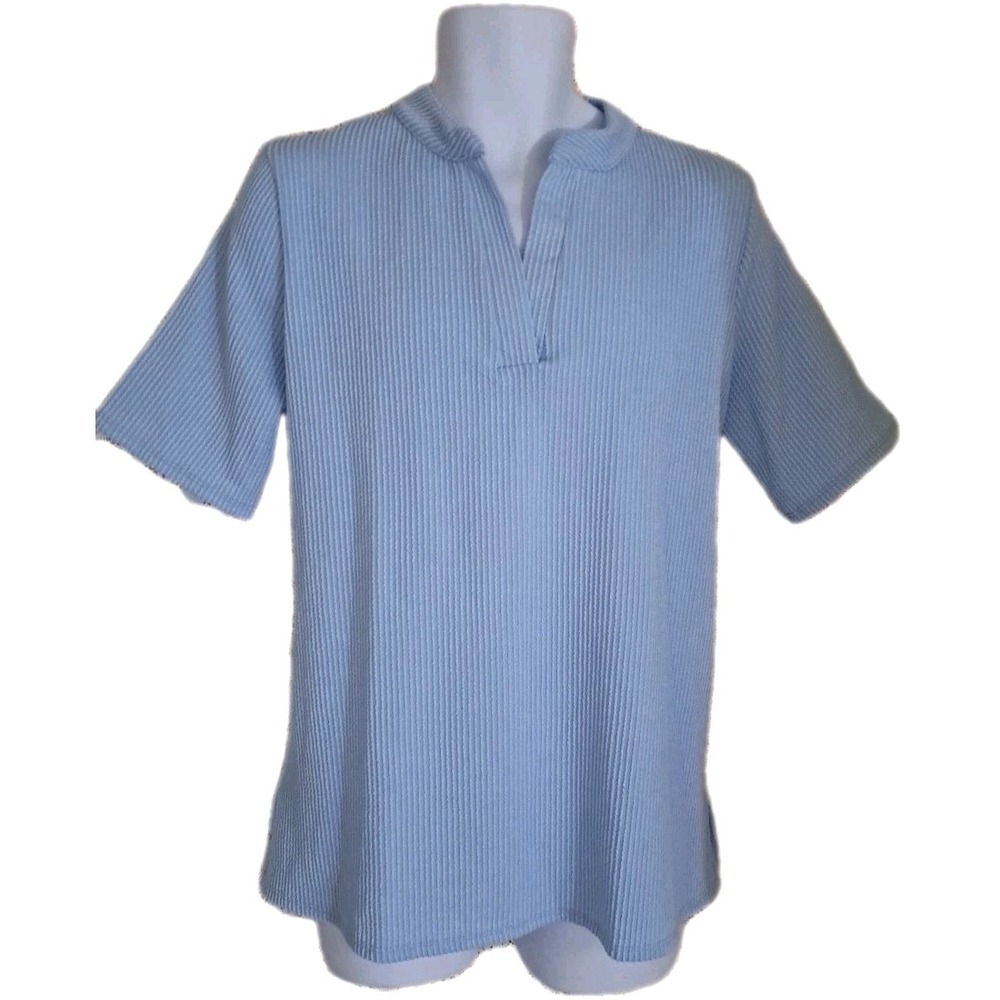 Blumin Apparel Popover Top L Sky Blue Ribbed Short‎ Sleeve Front Placket Casual